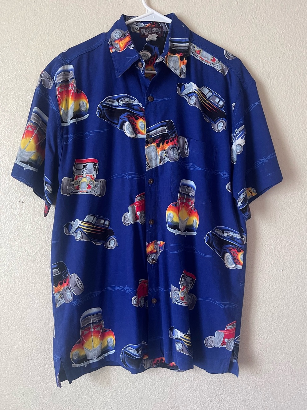 Vintage High Seas Trading Co. Hot Rod Shirt Mens Blue Flames Classic Cars Button